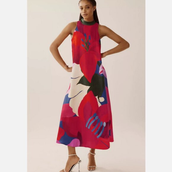 FARM Rio Dresses & Skirts - Farm Rio Anthropologie Halter Maxi Dress Floral Watercolor Size L NWT Large